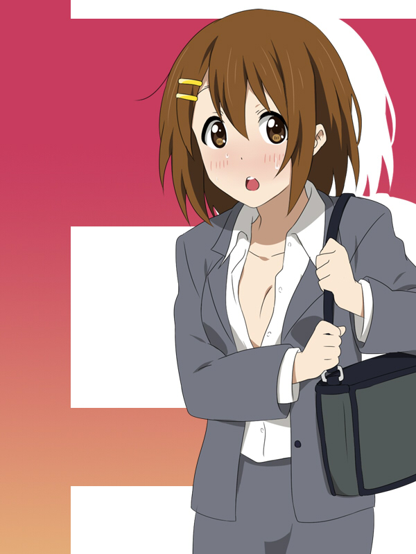 bag blush breasts brown_eyes brown_hair business_suit cleavage face formal hair_ornament hairclip hirasawa_yui ikari_manatsu k-on! open_mouth short_hair solo suit sweat