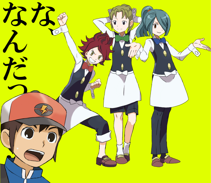 apron blue_hair corn_(pokemon) corn_(pokemon)_(cosplay) cosplay dent_(pokemon) dent_(pokemon)_(cosplay) endou_mamoru green_hair hair_over_one_eye inazuma_eleven kazemaru_ichirouta midorikawa_ryuuji mmr_magazine_mystery_chousa_han nagumo_haruya parody pod_(pokemon) pod_(pokemon)_(cosplay) pokemon pokemon_(game) pokemon_black_and_white pokemon_bw ponytail red_hair redhead