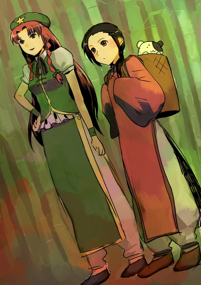 artist_request axis_powers_hetalia bamboo bamboo_forest bamboo_maro basket bear bloomers bow braid brown_eyes brown_hair china_(hetalia) chinese_clothes crossover dress forest green_eyes hair_bow hair_ornament hat hong_meiling long_hair long_sleeves namesake nature ponytail pun ribbon touhou wrist_cuffs