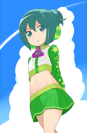 alternate_hair_length alternate_hairstyle aqua_eyes aqua_hair bad_id child hatsune_miku headphones midriff navel project_diva project_diva_2nd short_hair skirt solo tamakorogashi vocaloid