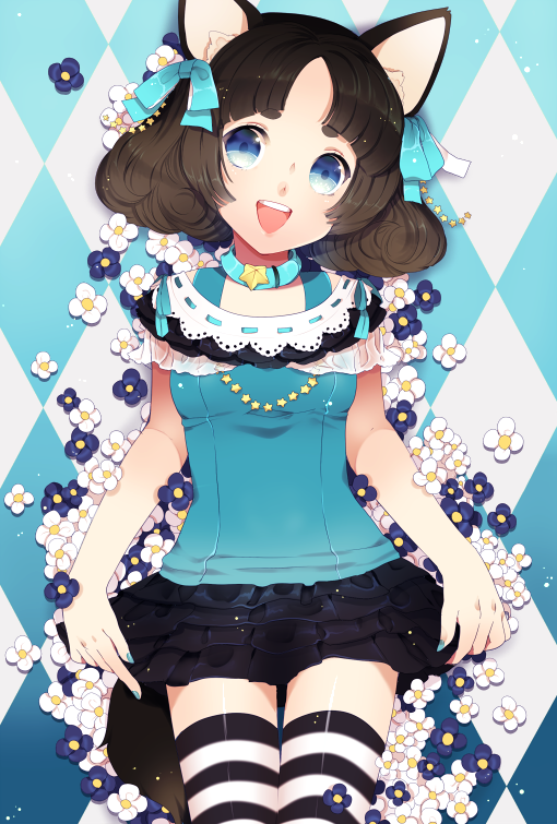 animal_ears argyle argyle_background bangs blue_eyes bow brown_hair casual cat_ears chobi_(pixiv) collar dog_ears eyebrows flower hair_bow jewelry momoshiki momoshiki_tsubaki nail_polish necklace open_mouth parted_bangs personification pixiv skirt smile striped striped_legwear thigh-highs thighhighs