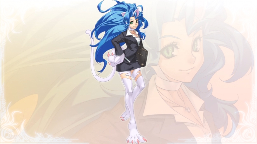 animal_ears big_hair blazer blue_hair border breasts briefcase business_suit capcom cat_ears cat_tail claws cleavage cross_edge felicia fur green_eyes hand_on_hip hirano_katsuyuki jewelry legs long_hair long_sleeves miniskirt nakamura_tatsunori necklace official_art pendant skirt solo standing standing_on_one_leg tail vampire_(game) very_long_hair widescreen zoom_layer