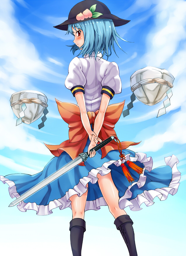 alternate_hairstyle back blouse blue_door blue_hair blush boots bow food fruit hat hinanawi_tenshi keystone large_bow looking_back peach red_eyes ribbon shide shimenawa short_hair skirt solo standing sword sword_of_hisou touhou weapon