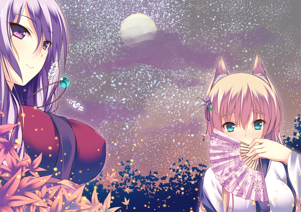 blonde_hair blue_eyes covering_mouth fan feathers flower hair_flower hair_ornament iroha_(unyun) japanese_clothes jewelry kimono leaf moon necklace original purple_eyes purple_hair smile star violet_eyes