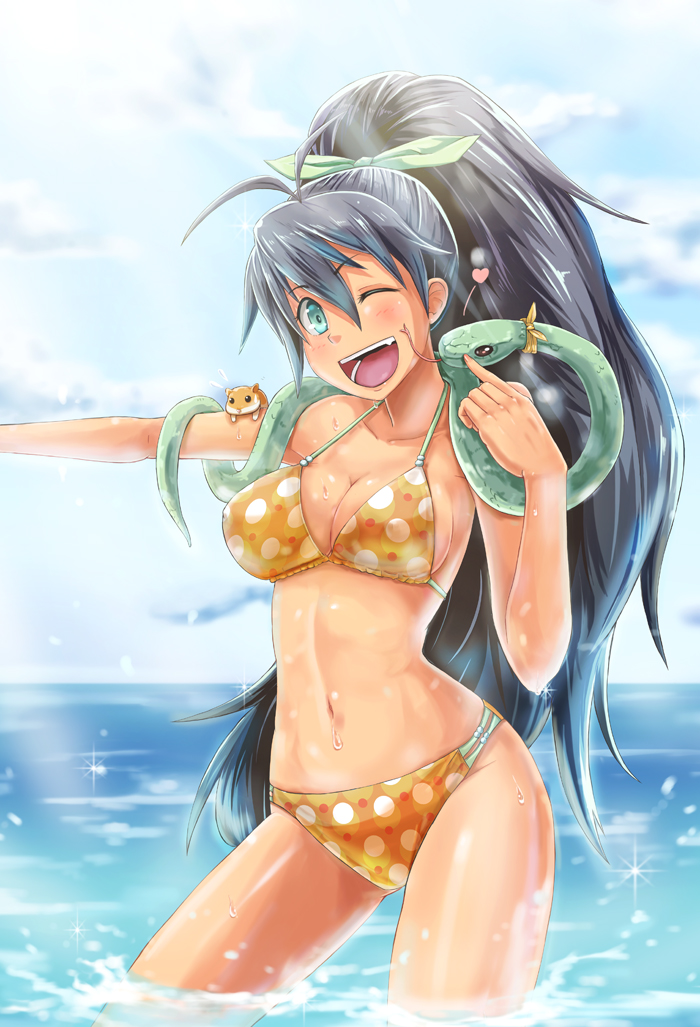 aqua_eyes bikini black_hair breasts cleavage dan_(orange_train) ganaha_hibiki green_eyes hamster hamuzou heart idolmaster long_hair open_mouth ponytail smile snake solo sparkle splash sunlight swimsuit wading water wink