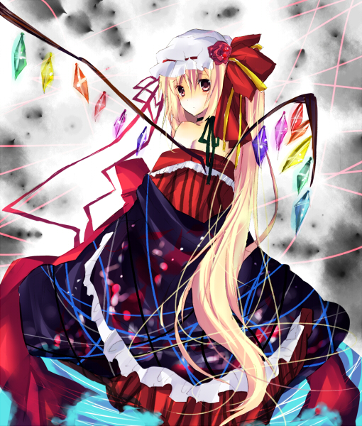 adult alternate_costume bare_shoulders dress flandre_scarlet flower hat kisaragi_kiriha long_hair looking_back red_rose ribbon_choker rose sad solo touhou very_long_hair wings