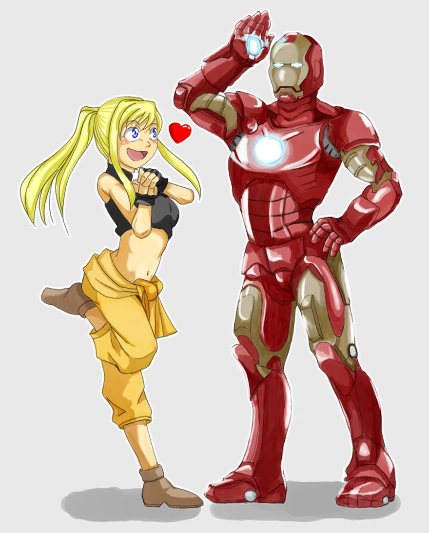 blonde_hair blue_eyes crop_top crossover duo female fingerless_gloves fullmetal_alchemist gloves heart height_difference iron_man long_hair male marvel midriff ponytail salute simple_background smile tony_stark tubetop winry_rockbell