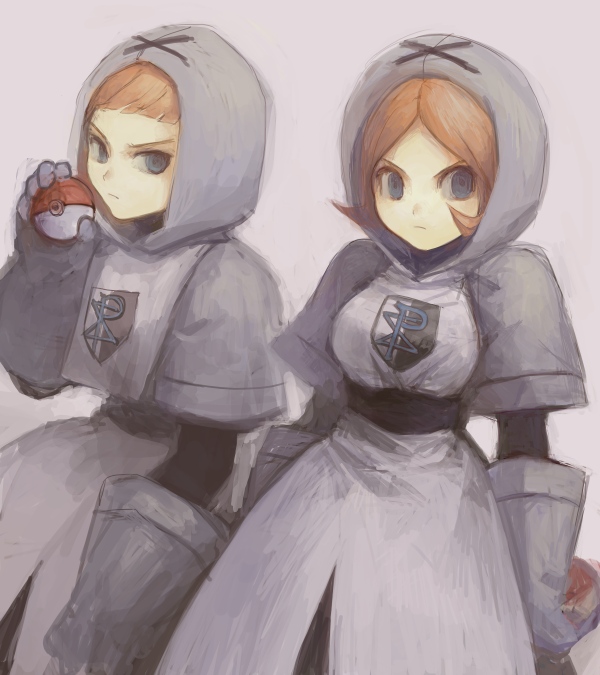 emi gloves holding holding_poke_ball hood orange_hair poke_ball pokemon pokemon_(game) pokemon_black_and_white pokemon_bw surcoat team_plasma