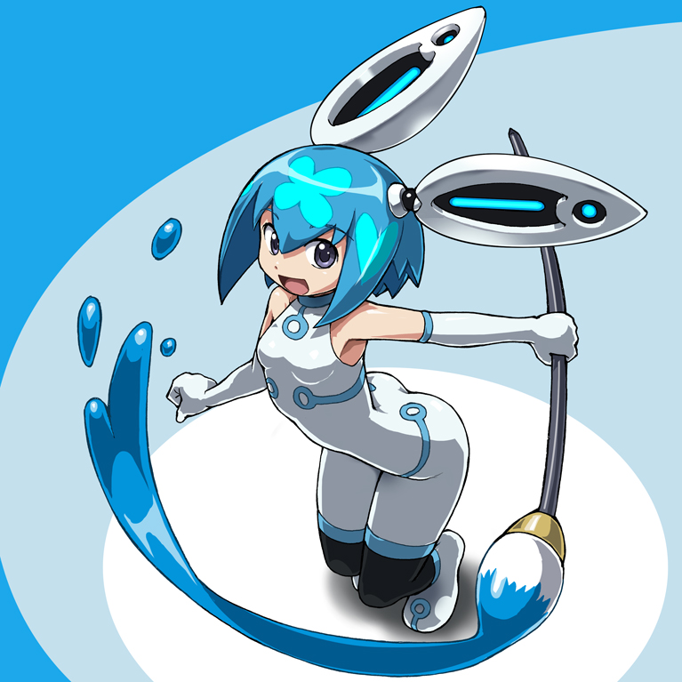 blue_hair bunny_girl clover gloves heart open_mouth paint paintbrush pixiv pixiv-tan rabbit_ears robot_ears rohitsuka short_hair simple_background solo