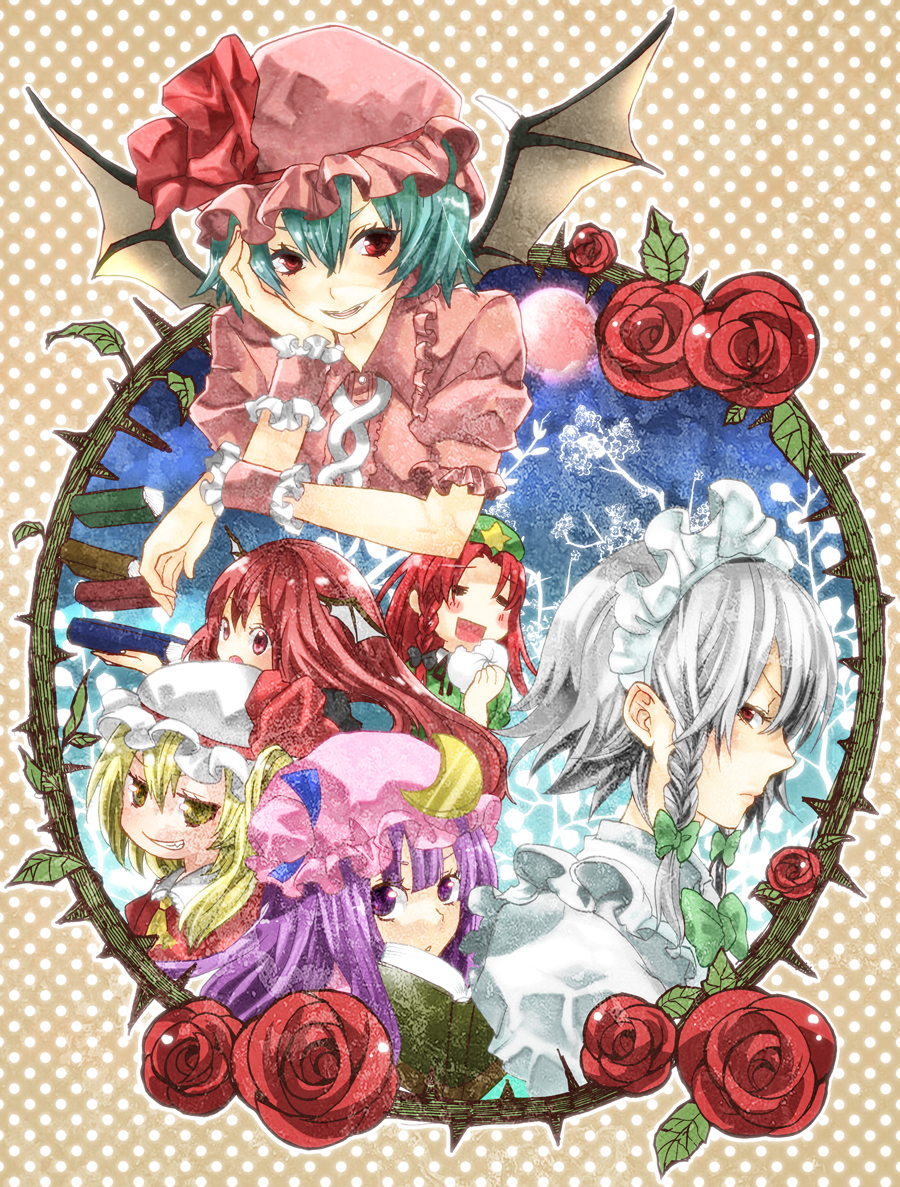 :d =_= annoyed bat_wings blonde_hair blue_hair blush blush_stickers book bow braid crescent eating flandre_scarlet flower food frame full_moon grin hair_bow hat head_wings hong_meiling izayoi_sakuya koakuma long_hair maid maid_headdress midorikoichi moon multiple_girls nikuman open_mouth patchouli_knowledge red_eyes red_hair red_moon red_rose remilia_scarlet rose short_hair silver_hair smile the_embodiment_of_scarlet_devil thorns touhou wings yellow_eyes