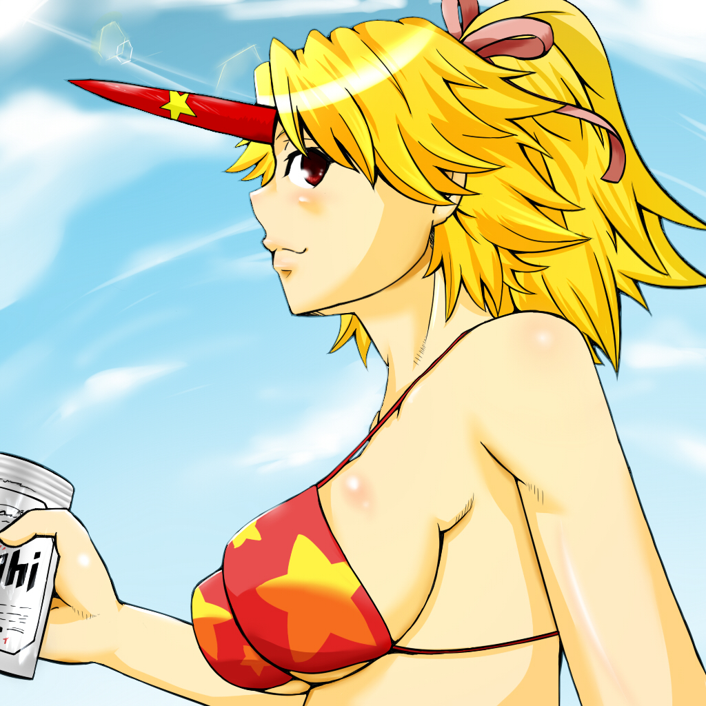 alternate_hairstyle bikini bikini_top blonde_hair breasts bust coolon face hair_ribbon hair_up horn horns hoshiguma_yuugi lens_flare lips ponytail profile red_eyes ribbon short_hair sideboob smile solo swimsuit touhou underboob