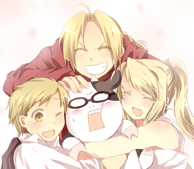 arakawa_hiromu arakawa_hiromu_(cow) bad_id blonde_hair cow edward_elric fullmetal_alchemist mitsu_yomogi winry_rockbell