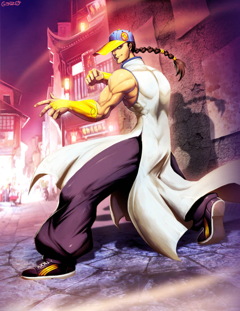 baggy_pants baseball_cap braid capcom chinese_clothes genzoman hat muscle shoes single_braid sneakers street_fighter street_fighter_iii street_fighter_iv_(arcade_edition) yun_lee