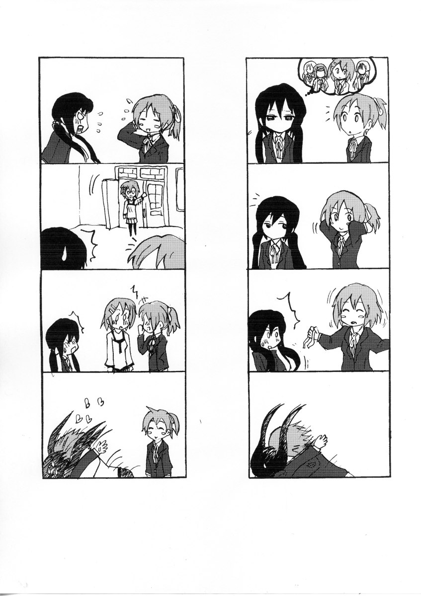 akiyama_mio blazer blush_stickers casual comic hair_down hair_ornament hairclip heart highres hirasawa_ui hirasawa_yui hug imagining k-on! kotobuki_tsumugi long_hair monochrome multiple_4koma nakano_azusa nozu_(thukuhuku) pixiv_manga_sample ponytail school_uniform silent_comic tainaka_ritsu twintails yuri