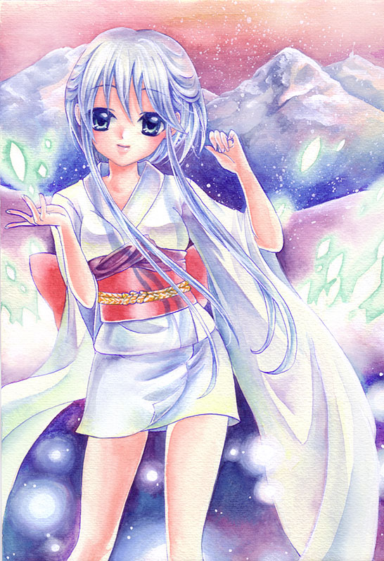 blue_eyes blue_hair japanese_clothes jigoku_sensei_nube kimono long_hair short_kimono solo totsuki yukime