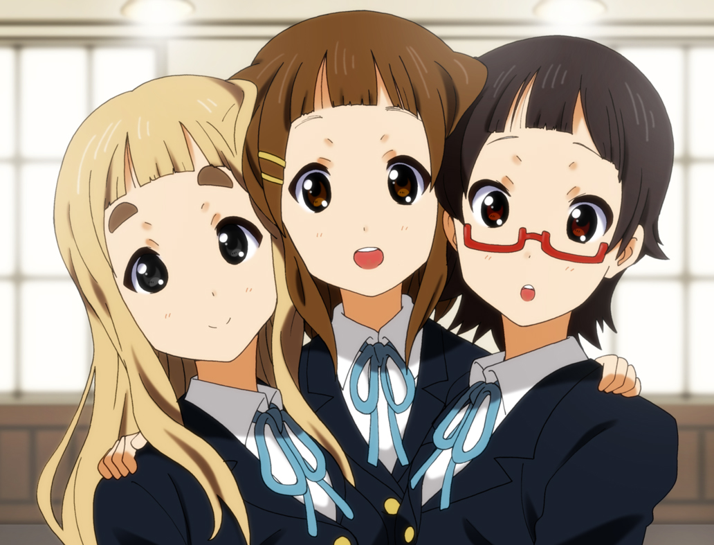 :d :o alternate_hairstyle bangs black_eyes blazer blonde_hair blunt_bangs brown_eyes brown_hair bust glasses hair_ornament hairclip hand_on_shoulder hirasawa_yui k-on! kotobuki_tsumugi manabe_nodoka multiple_girls open_mouth red-framed_glasses ribbon school_uniform semi-rimless_glasses short_hair smile under-rim_glasses yamasaki_wataru