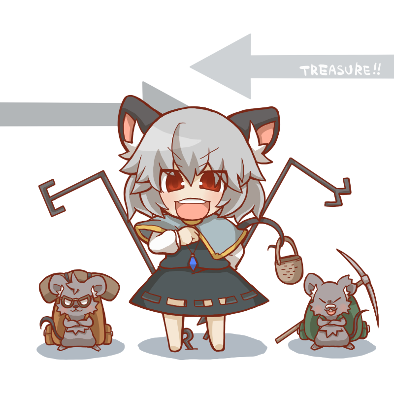 backpack bag bandaid basket blush chibi crystal dowsing_rod dowsing_rods goggles grey_hair gurageida jewelry mouse mouse_ears mouse_tail nazrin open_mouth pendant pickaxe red_eyes tail touhou