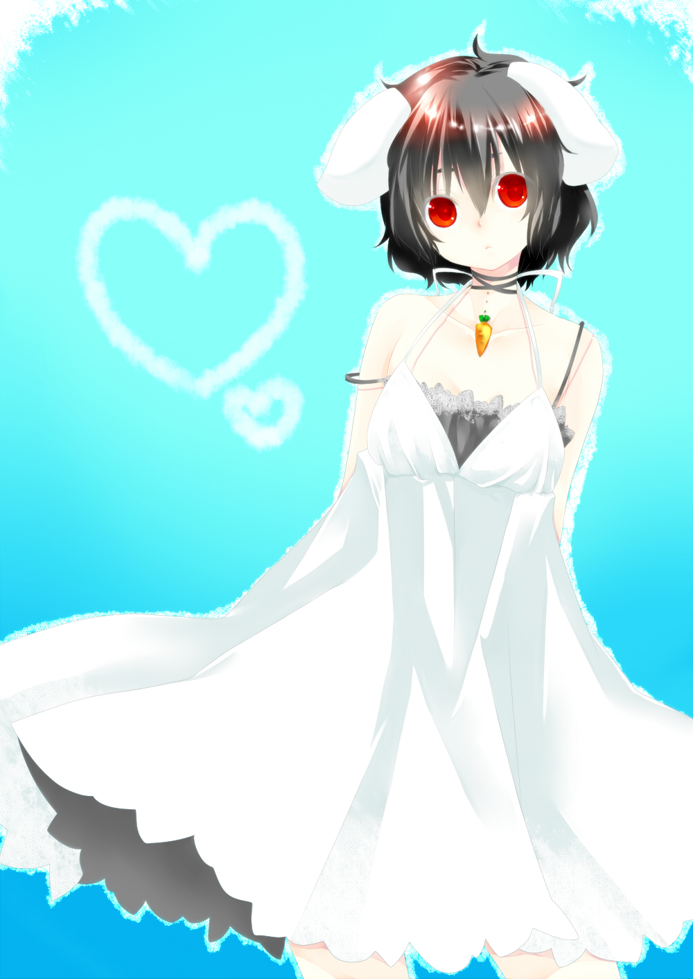 alternate_costume animal_ears bad_id bare_shoulders black_hair bunny_ears carrot collarbone colored_eyelashes dress expressionless eyelashes highres inaba_tewi jewelry pendant rabbit_ears red_eyes ribbon_choker short_hair solo strap_slip sundress touhou white_dress yutazou