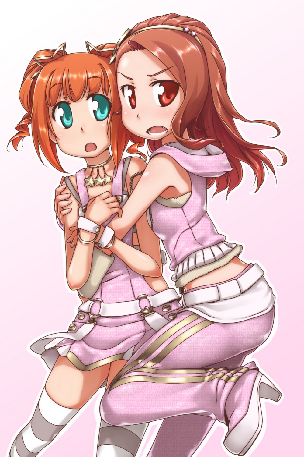 brown_eyes brown_hair highres hug idolmaster idolmaster_2 long_hair minase_iori striped striped_legwear striped_thighhighs takatsuki_yayoi thigh-highs thighhighs ttomm twintails