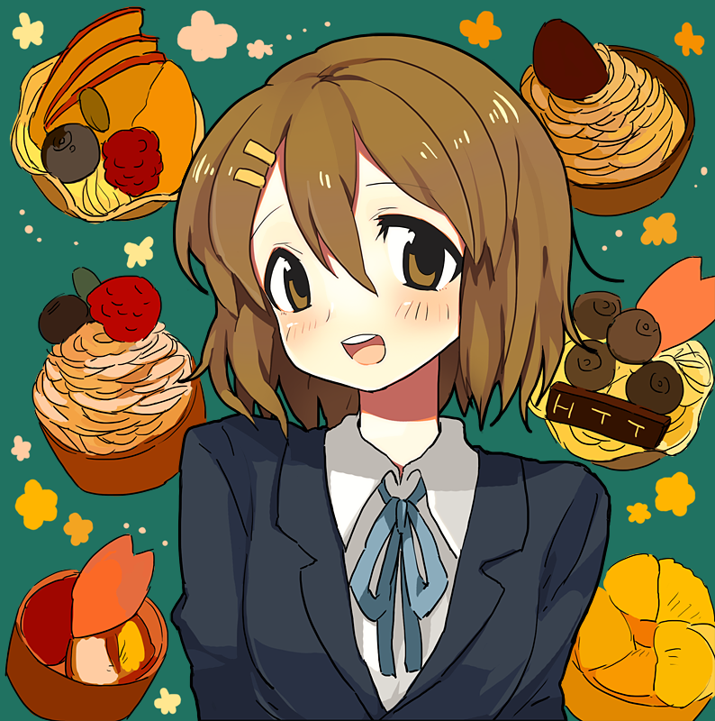 brown_eyes brown_hair cupcake dadami food hirasawa_yui k-on! mont_blanc_(food) school_uniform short_hair tart_(food)