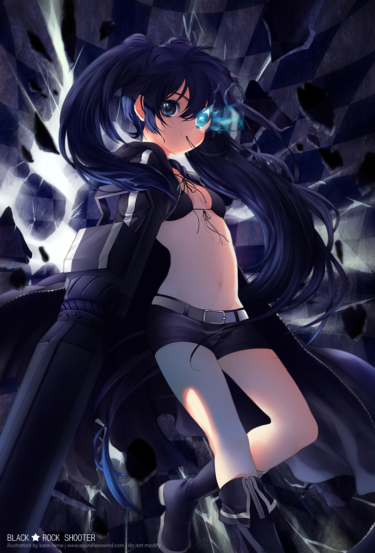 belt bikini_top black_hair black_rock_shooter black_rock_shooter_(character) blue_eyes boots coat front-tie_top glowing glowing_eyes kaze-hime long_hair midriff navel short_shorts shorts smile solo twintails uneven_twintails very_long_hair weapon