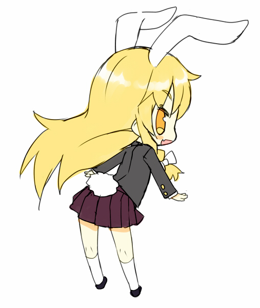 animal_ears blonde_hair braid bunny_ears bunny_tail chibi cosplay fang from_behind hair_ribbon kirisame_marisa long_hair meito_(maze) new_super_marisa_land pleated_skirt rabbit_ears reisen_udongein_inaba reisen_udongein_inaba_(cosplay) ribbon skin_fang skirt solo tail touhou yellow_eyes