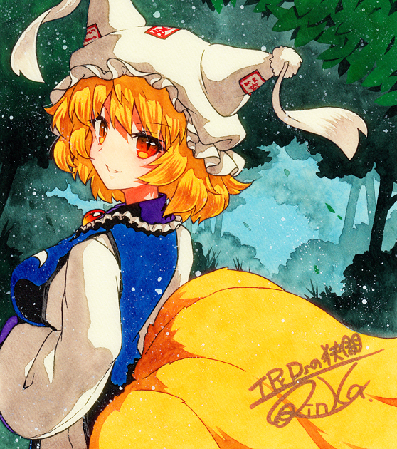 1girl blonde_hair blue_tabard breasts brooch dress eyebrows_visible_through_hair fox_tail from_behind green_background hat jewelry long_sleeves looking_at_viewer looking_back medium_breasts multiple_tails outdoors parted_lips pillow_hat qqqrinkappp red_brooch shikishi short_hair signature smile solo tail tassel touhou traditional_media white_dress white_headwear wide_sleeves yakumo_ran