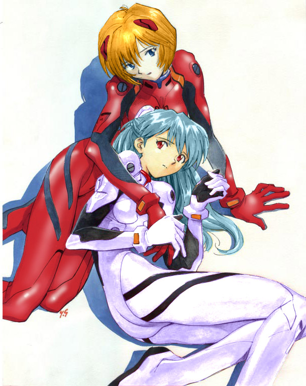 alternate_hairstyle ayanami_rei blue_hair cosplay costume_switch neon_genesis_evangelion short_hair souryuu_asuka_langley