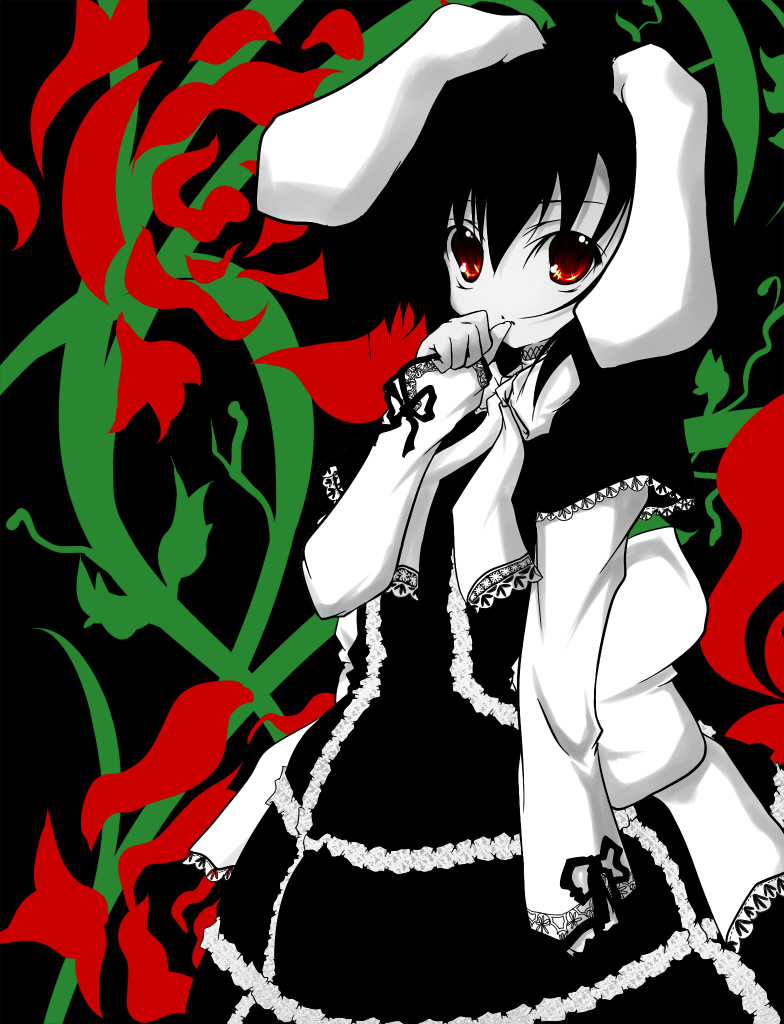 animal_ears black_hair bunny_ears gothic gothic_lolita hand_to_mouth haruyonoto inaba_tewi lolita_fashion rabbit_ears red_eyes short_hair solo touhou