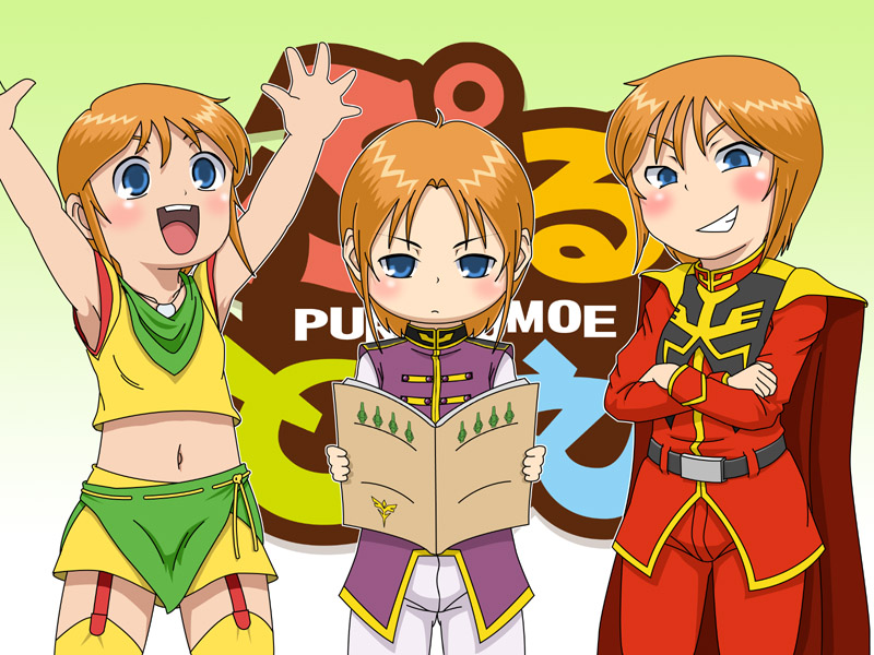 armpits arms_up asuka_murasame blue_eyes blush book crossed_arms elpeo_puru garters grin gundam gundam_unicorn gundam_zz marida_kruz midriff military military_uniform mitsudomoe multiple_girls navel open_mouth orange_hair parody puru_two reading short_hair smile standing uniform zeon