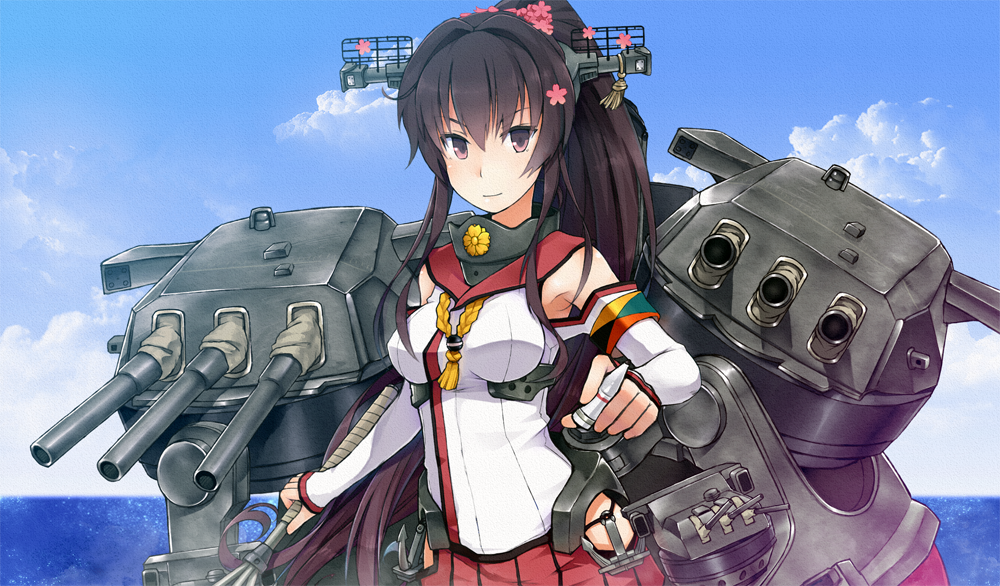 1girl ammunition anchor bare_shoulders between_fingers black_hair blue_sky breasts bust detached_sleeves flower hair_flower hair_ornament headgear high_ponytail kantai_collection long_ponytail looking_at_viewer machinery ocean pleated_skirt red_skirt sailor_collar sanuki_(zigzagflamberge) skirt sky smile yamato_(kantai_collection)