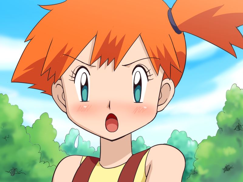&gt;:o 1girl :o bare_shoulders blue_eyes blush kasumi_(pokemon) open_mouth orange_hair pokemoa pokemon pokemon_(anime) short_hair side_ponytail solo tsundere