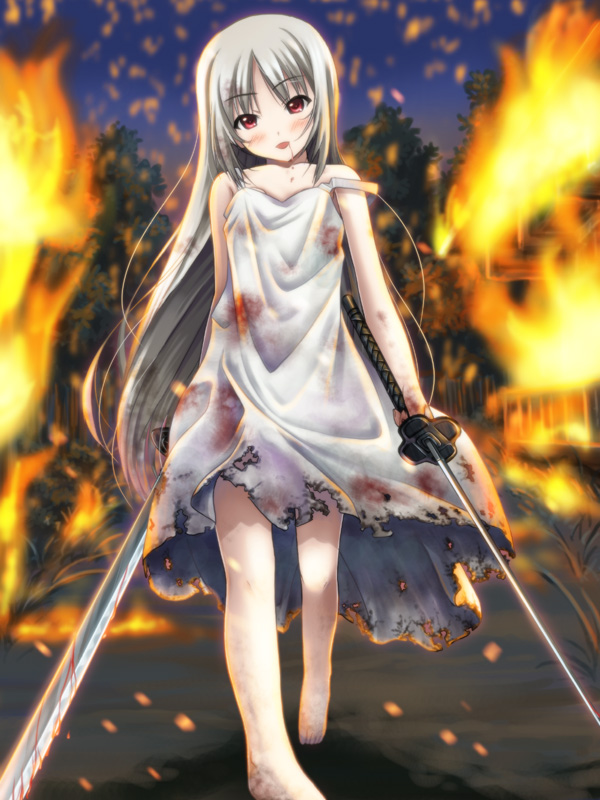 blood blood_stain blood_stains bloody_clothes blush burnt_clothes dress dual_wielding fire katana long_hair open_mouth original red_eyes ryunnu solo strap_slip sword torn_clothes weapon white_dress white_hair