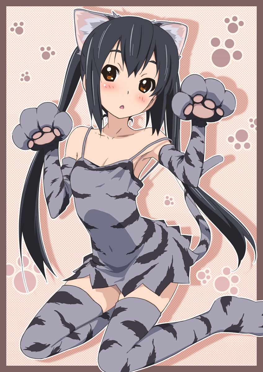 animal_ears arched_back armpits bare_shoulders black_hair breasts brown_eyes cat_ears cat_gloves cat_paws cleavage dress elbow_gloves errant flat_chest gloves highres k-on! kneeling long_hair nakano_azusa paw_gloves paw_pose paw_print paws solo strap_slip tail thigh-highs thighhighs tiger_print twintails zettai_ryouiki