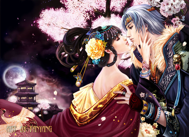 black_hair blue_dress blue_hair branches closed_eyes clouds couple cute female flower fullmoon girl gloves green_eyes hair_style hair_tie holding kissing long_hair love male moon night pink realistic red_dress ring romance romantic short_hair sky tower trees yangfan