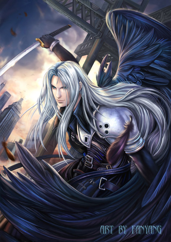advent advent_children belts clouds feathers final_fantasy final_fantasy_vii long_hair male realistic sephiroth silver_hair solo sword wings yangfan