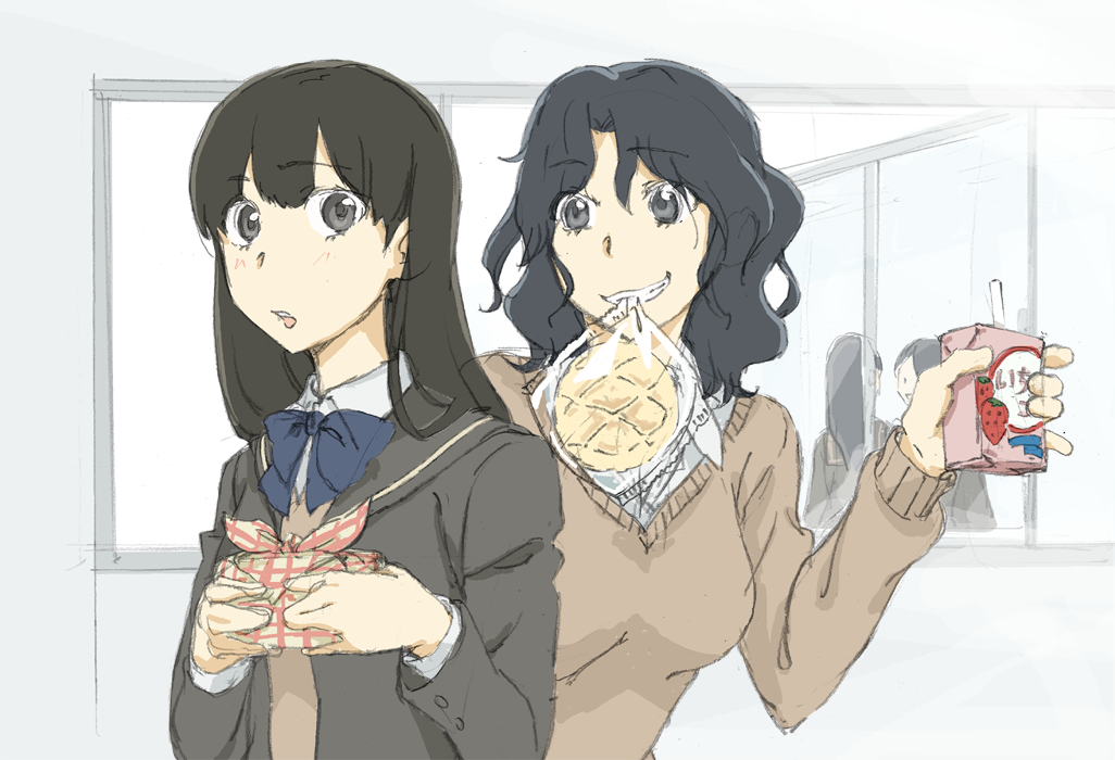 amagami ayatsuji_tsukasa bread food melon_bread melon_pan multiple_girls school_uniform tanamachi_kaoru yama921