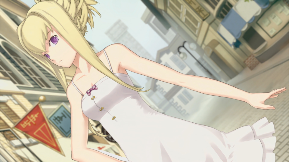 ar_tonelico_iii bare_shoulders blonde_hair bow dress dutch_angle frown game_cg gust hair_up long_hair nagi_ryou official_art purple_eyes saki_(ar_tonelico) sakia-rumei solo sundress town violet_eyes