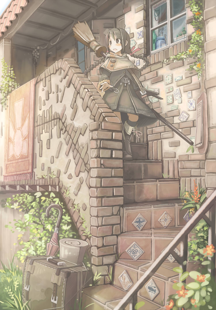 braid broom brown_eyes coat fantasy flower nabana open_mouth original solo stairs suitcase twin_braids umbrella