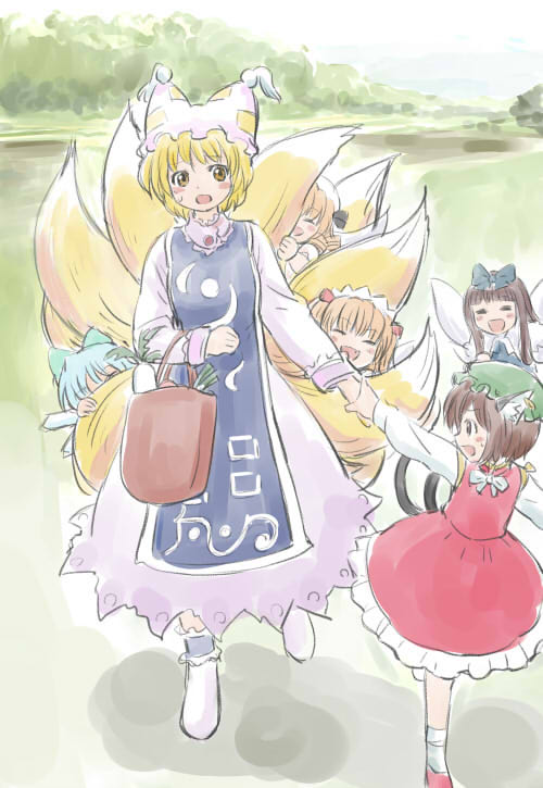:d animal_ears bag blonde_hair blue_ribbon cat_ears cat_tail chen cirno closed_eyes ear_piercing earrings fang fox_tail hair_ribbon happy hime_cut jewelry luna_child manzi multiple_tails open_mouth piercing pulling ribbon shopping_bag smile star_sapphire sunny_milk surcoat tail touhou wings yakumo_ran yellow_eyes
