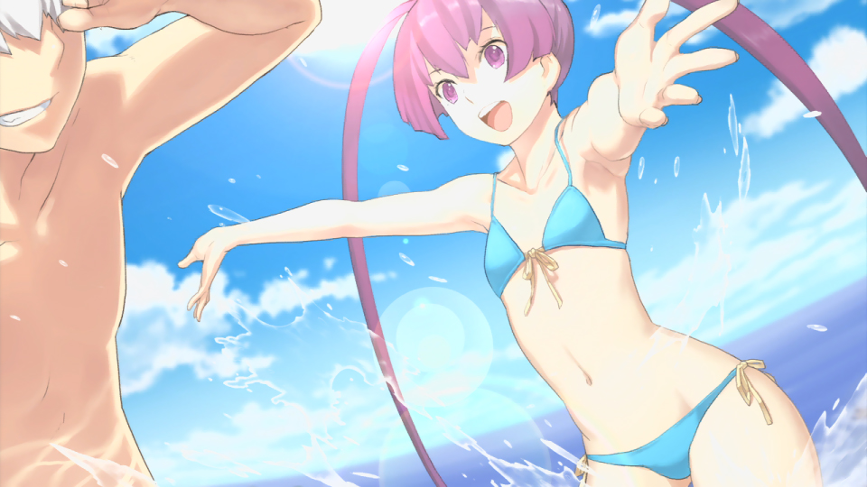 ar_tonelico ar_tonelico_iii armpits bare_shoulders beach bikini cloud dutch_angle finnel flat_chest front-tie_top game_cg grin gust long_hair nagi_ryou navel ocean official_art open_mouth purple_eyes purple_hair side-tie_bikini sky smile splash swimsuit twintails very_long_hair violet_eyes water white_hair
