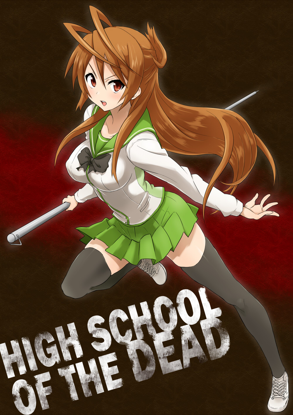 black_legwear black_thighhighs breasts brown_eyes brown_hair highres highschool_of_the_dead large_breasts long_hair miyamoto_rei pleated_skirt polearm school_uniform shuuhei_(artist) skindentation skirt solo spear thigh-highs thighhighs weapon zettai_ryouiki zettai_ryouiki_bulge