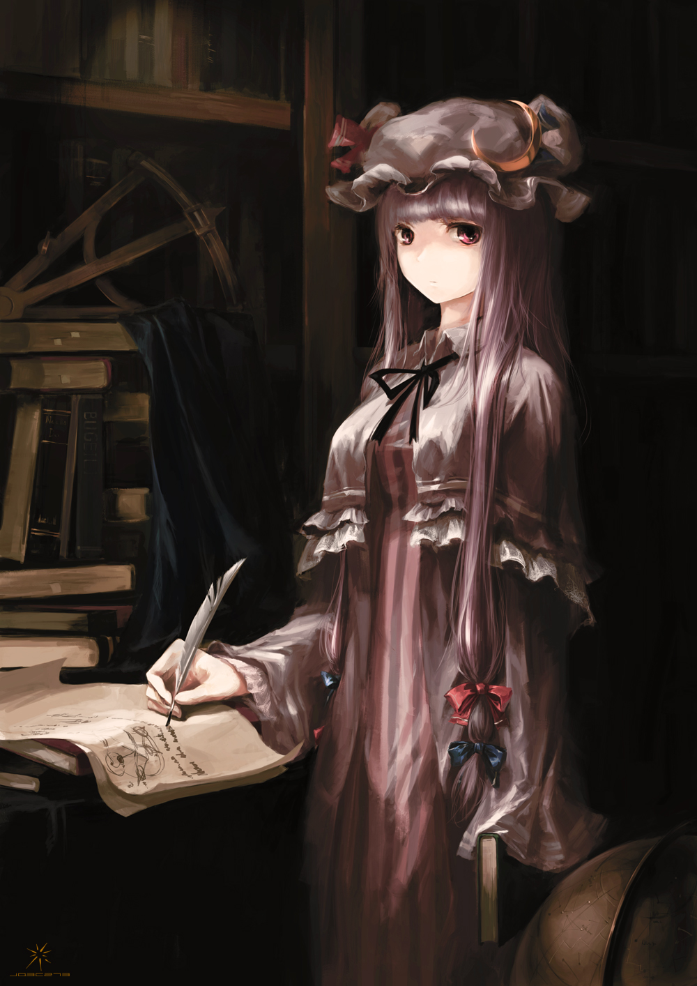 blunt_bangs book bookmark bookshelf bow capelet celestial_globe collar crescent crescent_moon dark dress earth expressionless feathers globe hair_bow hair_ornament hair_ribbon hat highres indoors jq library long_hair moon paper patchouli_knowledge pen purple_eyes purple_hair quill ribbon scroll sextant solo stack_of_books table touhou very_long_hair violet_eyes writing