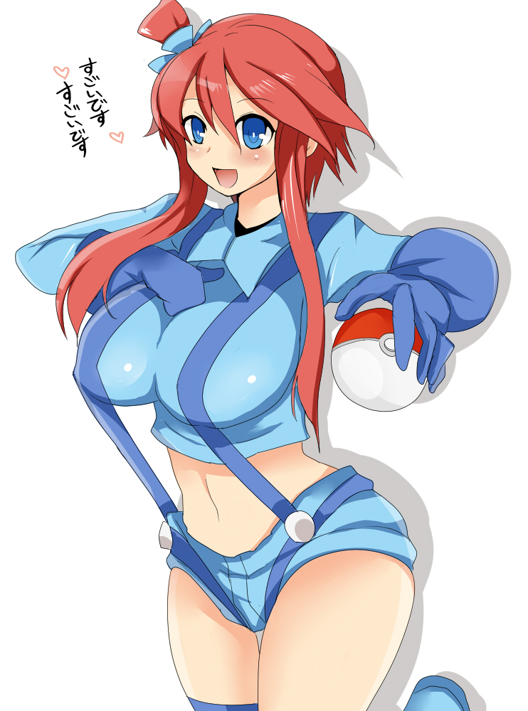 breasts fuuro_(pokemon) gloves gym_leader hair_ornament holding holding_poke_ball large_breasts midriff poke_ball pokemon pokemon_(game) pokemon_black_and_white pokemon_bw red_hair redhead ririfu shorts suspenders