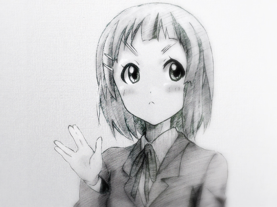 alternate_hairstyle amaoto blazer blush hair_ornament hairclip hirasawa_yui k-on! monochrome necktie school_uniform short_hair sketch solo traditional_media vulcan_salute