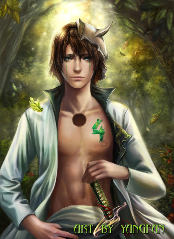 bleach blue_eyes branches brown_hair brunette grass green green_tears holding hole hollow house leaves male realistic short_hair solo standing sunlight sword yangfan