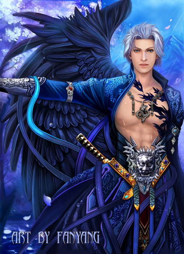 angel armored black_wing blue blue_dress blue_eyes chain flower male mountain original rain realistic solo sword tree trees white_hair wings yangfan