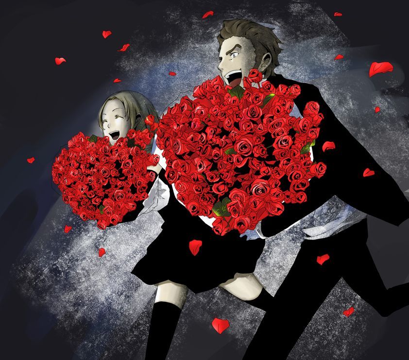 blonde_hair bouquet brown_hair flower formal isaac_dian male miria_harvent petals red_rose rose rose_petals running smile spot_color suit