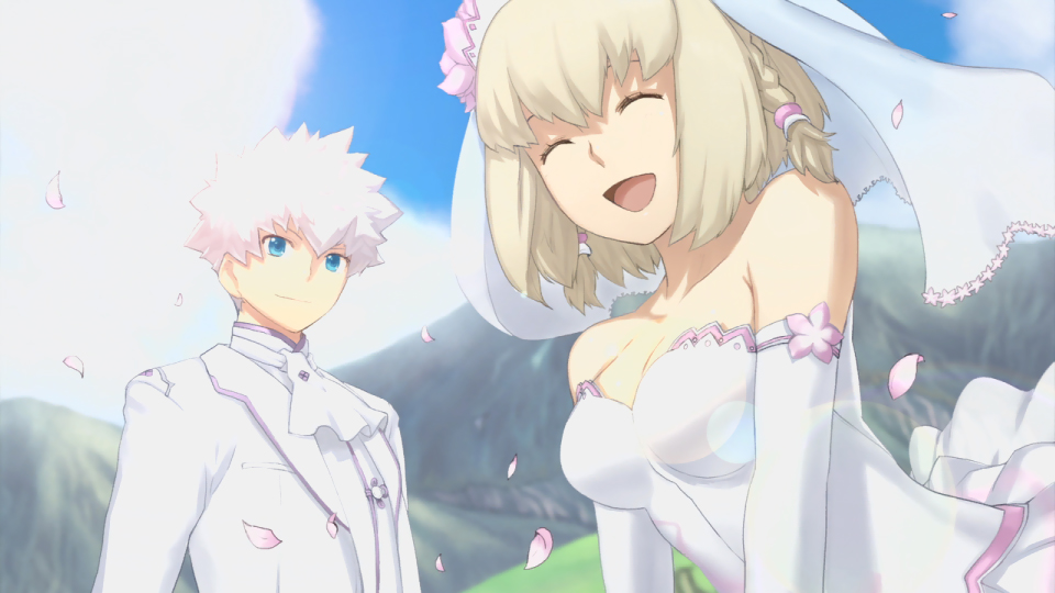 ar_tonelico ar_tonelico_iii bare_shoulders blonde_hair blue_eyes braid breasts cherry_blossoms cleavage closed_eyes dress dutch_angle elbow_gloves game_cg gloves gust nagi_ryou official_art open_mouth petals saki_(ar_tonelico) short_hair smile veil wedding white_hair