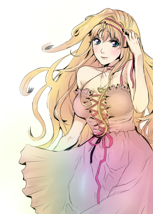 blonde_hair blue_eyes blush breasts cleavage dress hairband hand_in_hair large_breasts long_hair macross macross_frontier sheryl_nome smile solo woofin